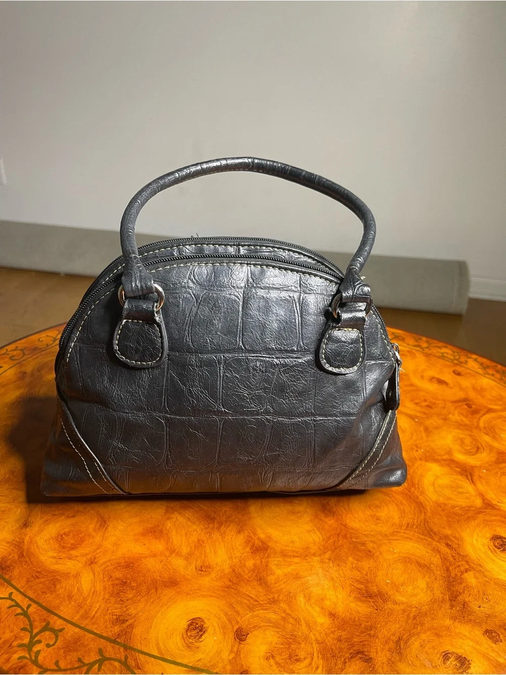 Croc-Embossed Dome Satchel in Black by No Brand